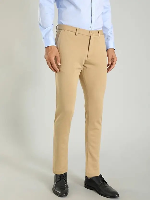 Indian Terrain Men's Comfort Fit Solid Khaki Trousers